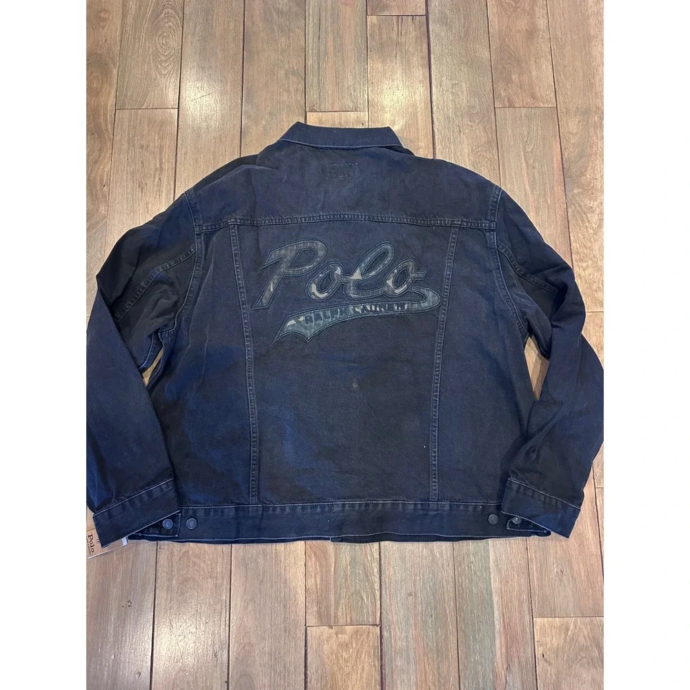 Polo Ralph Lauren Mens Black Denim Trucker Jacket Camo Back Logo 2XB 2TG NEW